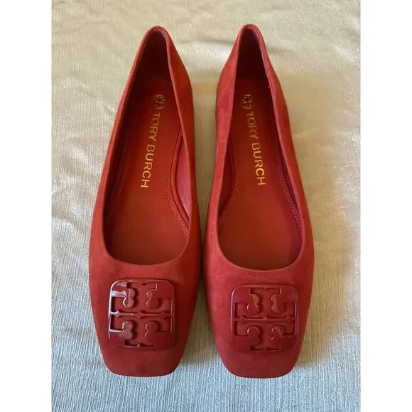 NEW ish Tory Burch Georgia Square Toe Silk Suede Triple Red Ballet Flat Sz 9 Box - Picture 3 of 16